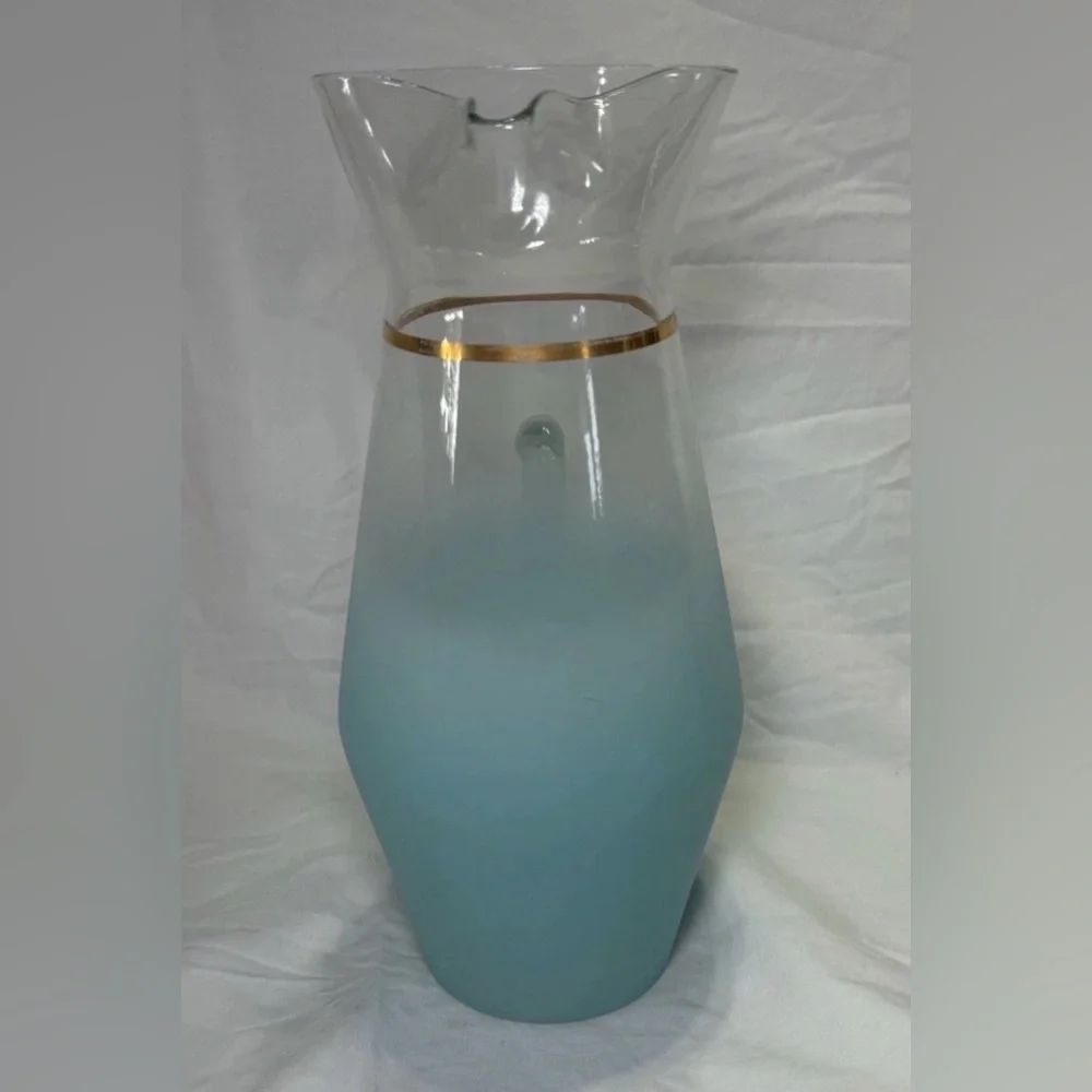 Vintage Blendo Turquoise Blue Glass Pitcher Mid Century Modern 9.5